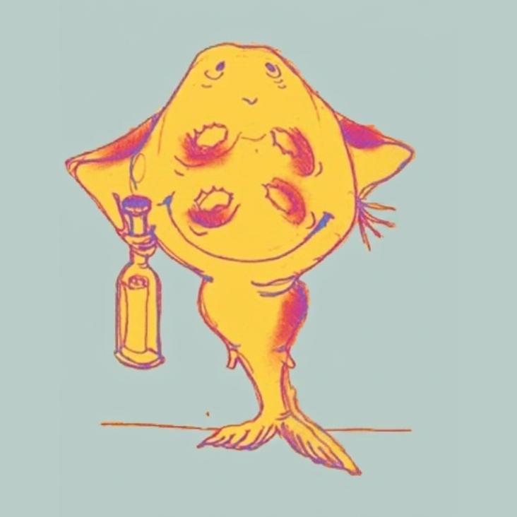 Disegno del pottino, la mascotte de Il Buonumore, con la sua bottiglia