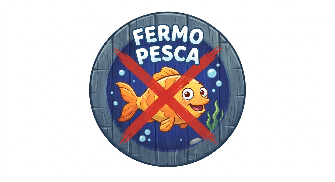 Illustrazione Fermo Pesca: un pesce barrato su un barile di legno