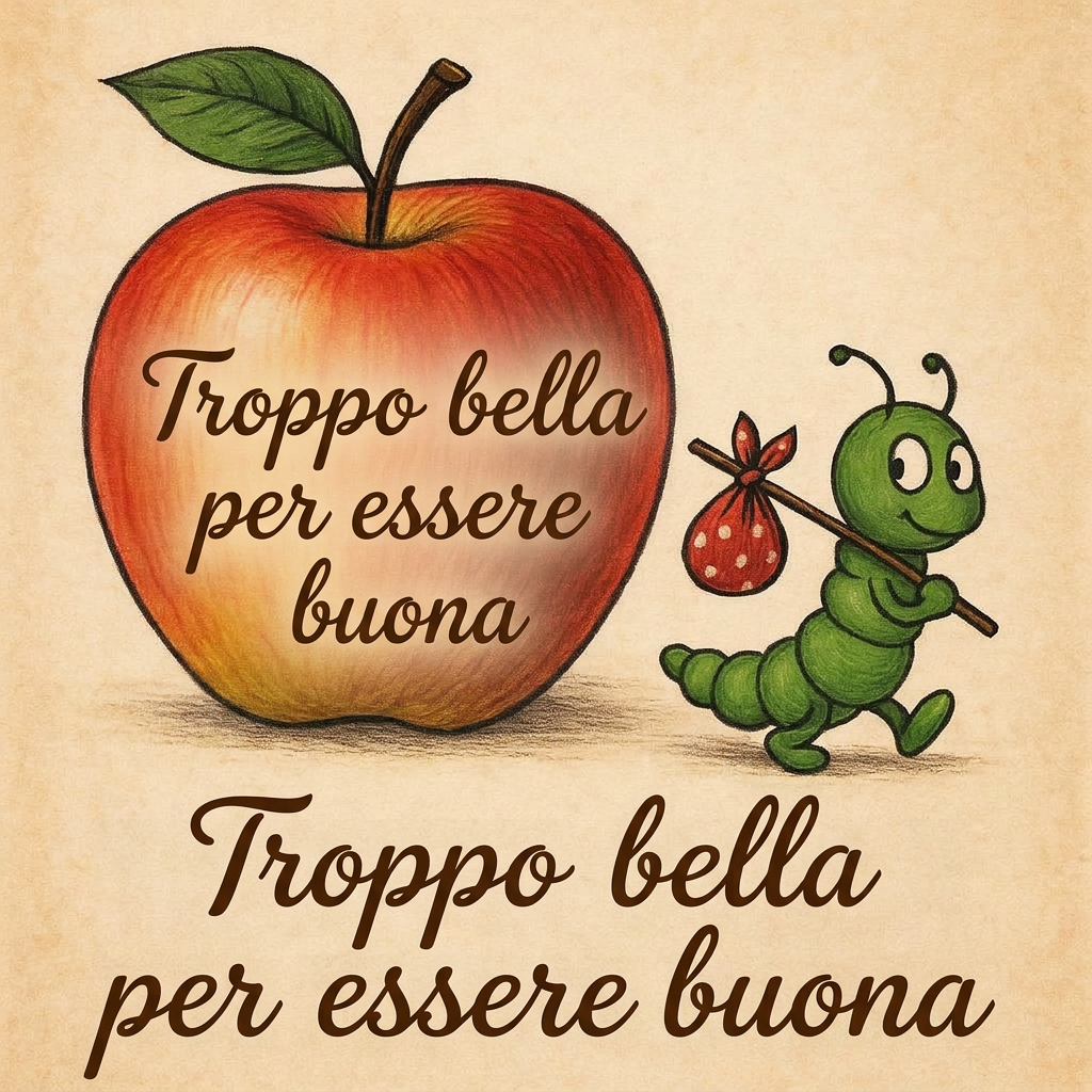 Illustrazione Troppo bella per essere buona con una mela e un bruco